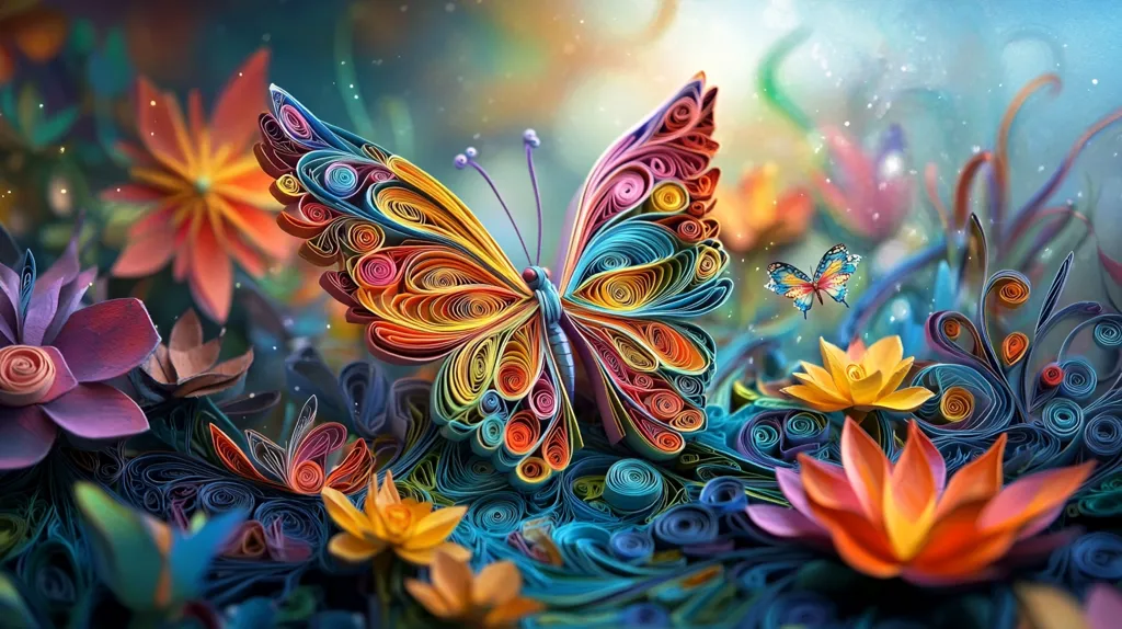 A colorful, intricate butterfly made of paper curls is the focal point of this artwork. It sits amidst a whimsical, paper-crafted garden, filled with swirling vines, flowers in vibrant hues, and a tiny butterfly in flight. The composition evokes a sense of fantasy and delicate beauty.