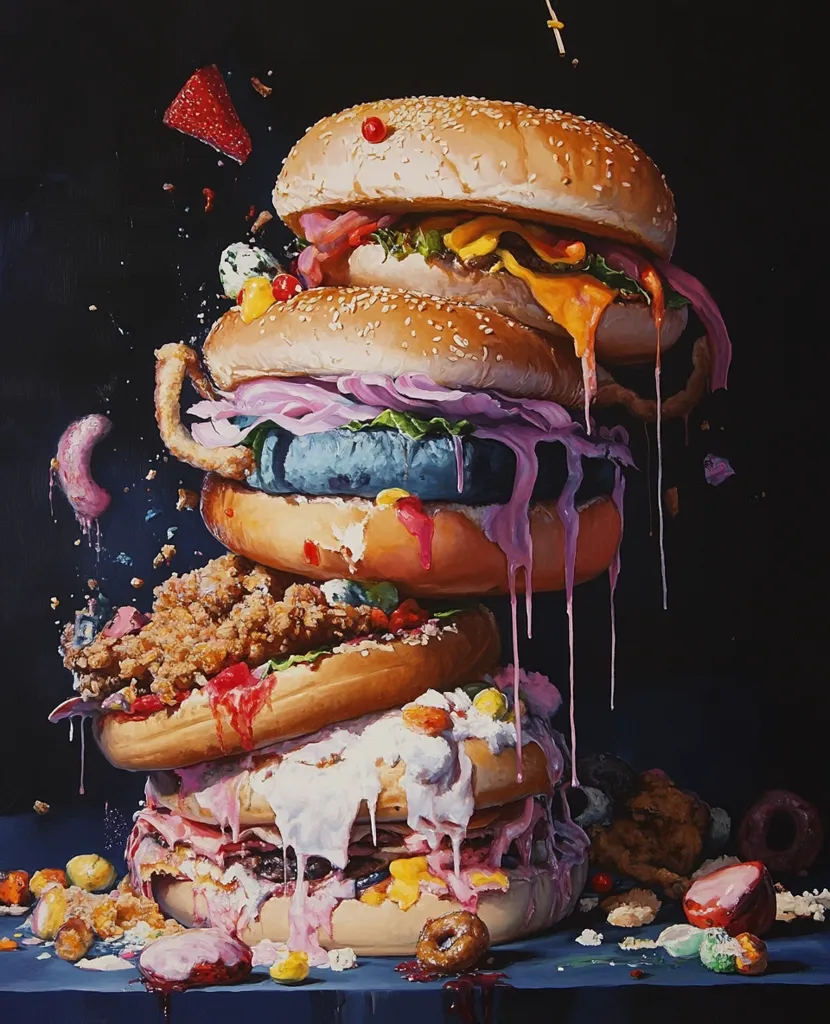 A towering stack of four burgers, each with different toppings and fillings, sits precariously on a blue surface. Dripping pink and white sauces, the burgers are surrounded by scattered cereal, fruit, and other random food items, creating a chaotic and over-the-top scene. The composition suggests a whimsical and exaggerated take on fast food indulgence.