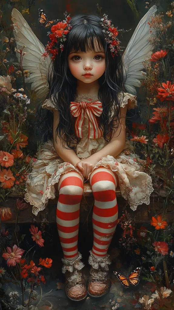 A young girl with large, expressive eyes sits amongst a garden of flowers. She wears a white dress with a red and white bow and red and white striped stockings. She has wings and is surrounded by butterflies. The image is painted in a whimsical style and captures the essence of childhood innocence and magic.