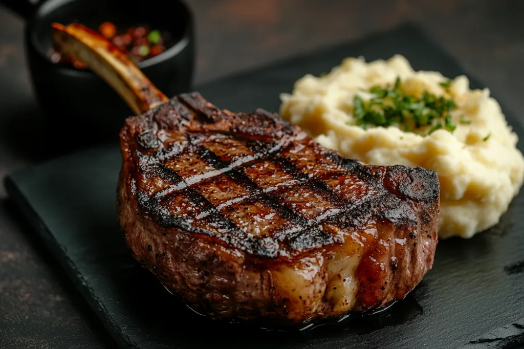 A perfectly grilled bone-in steak with a crispy crust and juicy interior sits on a black slate plate. The steak is accompanied by a generous mound of creamy mashed potatoes, topped with a sprig of fresh parsley. The image captures the deliciousness of a hearty and satisfying meal.