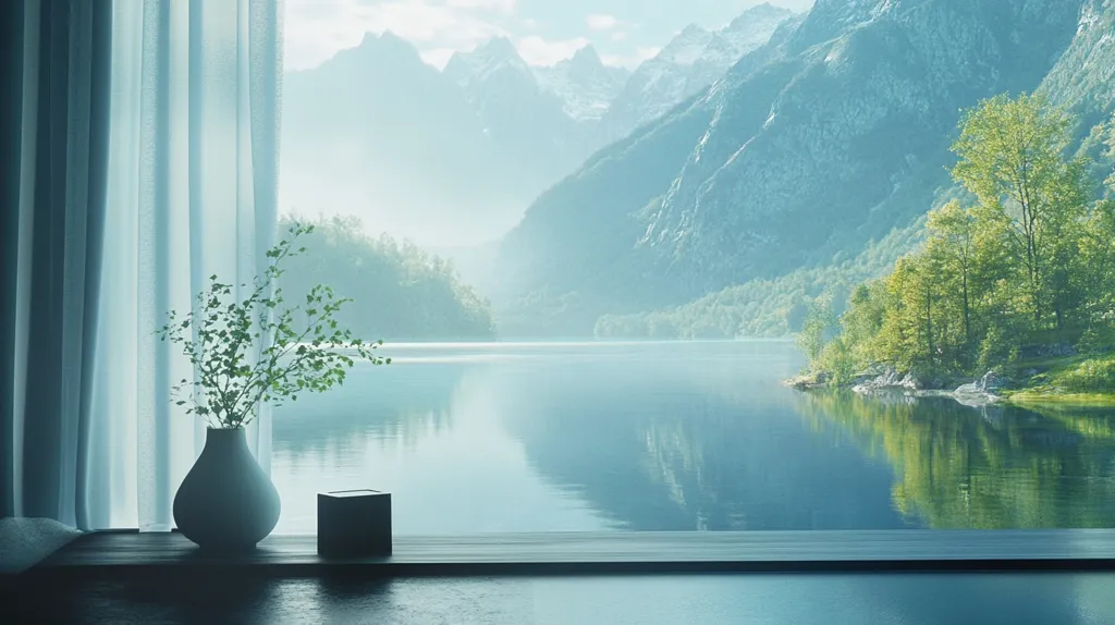 A serene mountain lake scene is framed by a window with sheer curtains.  The water is still and reflects the surrounding mountains, which are covered in a light mist. A small vase with a single plant sits on a wooden windowsill, adding a touch of calm and nature to the scene. The image evokes a sense of peace and tranquility.
