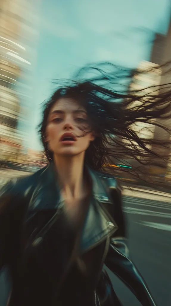 A woman with long dark hair, wearing a black leather jacket, stands in the middle of the frame. Her hair is blowing in the wind, and the background is blurred, suggesting movement. The overall tone of the image is moody and mysterious.