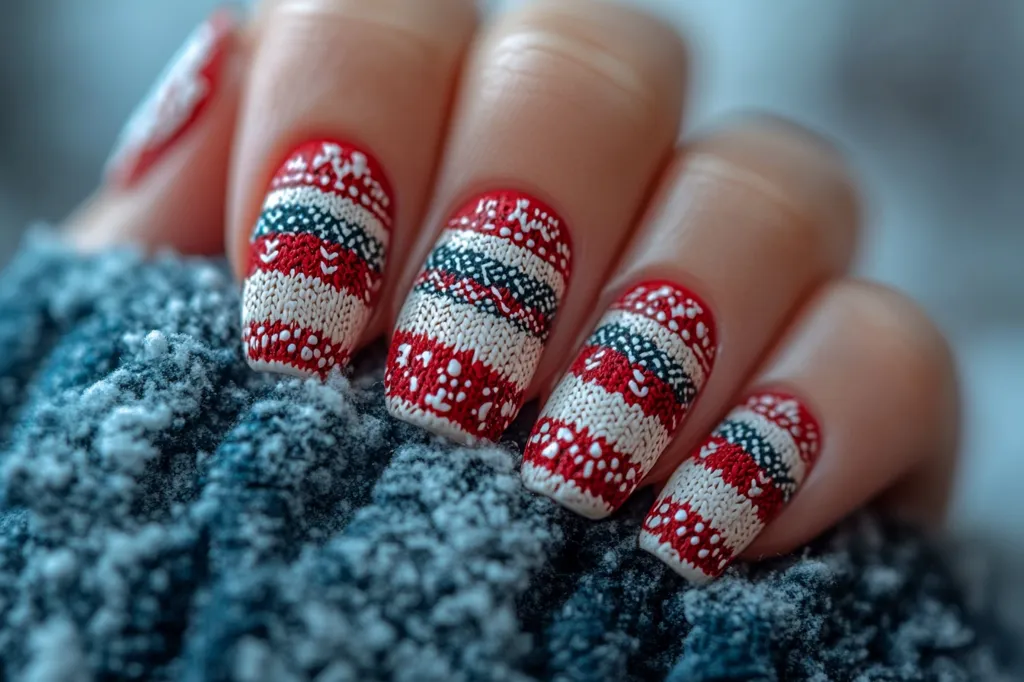 A hand with five fingers rests on a soft blue fabric. Each fingernail is painted with a red and white Christmas sweater design. The nails are painted to look like the pattern of a knitted sweater with red, white, and blue stripes. The close-up image captures the detail of the nail art and the soft fabric.  The image evokes a sense of warmth and cozy winter vibes.