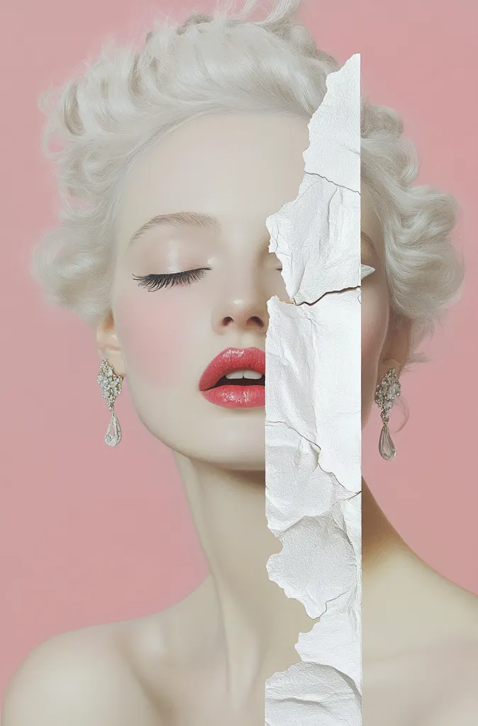 A woman with white blonde hair has a portion of her face obscured by a piece of crumpled white paper. She is wearing diamond earrings and her eyes are closed.  She has a light pink blush on her cheeks and is wearing a bright red lipstick.  The background is a pale pink.