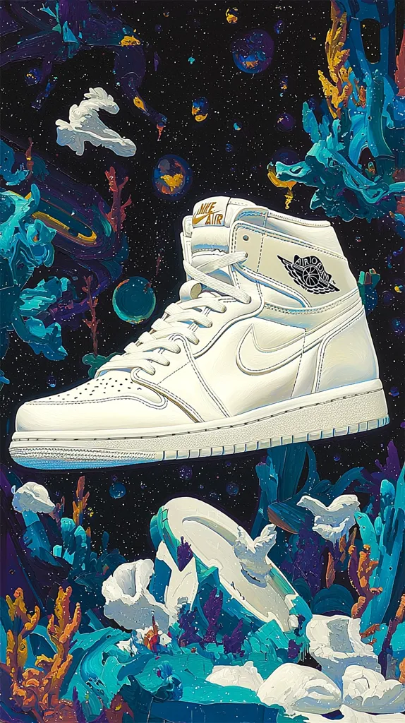 A white Air Jordan sneaker hovers in a surreal, space-like setting. The background is a dark, starry void with swirling, abstract shapes in vibrant turquoise, purple, and yellow. The sneaker's sole is partially submerged in the abstract landscape, giving the impression of floating. The overall effect is one of dreamlike, otherworldly imagery.