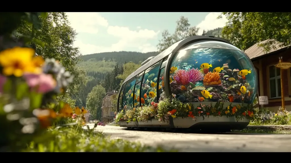 A futuristic-looking vehicle drives down a country road. The vehicle has a large, circular, transparent window on its side that functions as an aquarium, filled with colorful fish and coral. The vehicle is adorned with flowers and greenery, blending into its natural surroundings.