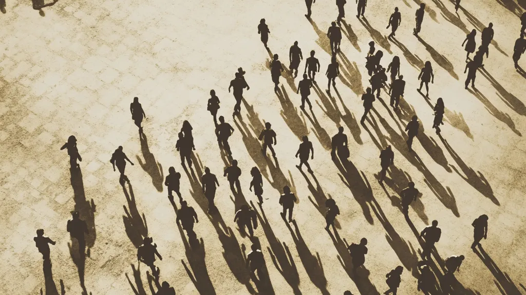An aerial view of a crowd of people walking in a beige-toned urban area. Their dark silhouettes contrast sharply with the light background, and their long shadows stretch out behind them. The composition creates a sense of movement and anonymity.