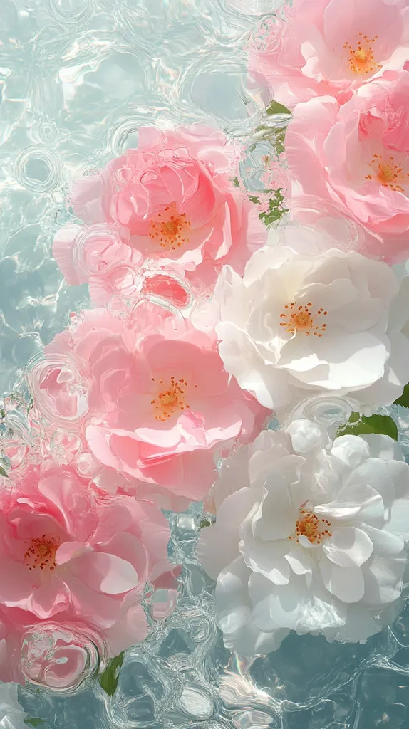 Pink and white roses float in clear water.  The petals are soft and delicate, with visible veins. Light shines through the water, creating a shimmering effect.  The roses are arranged in a cluster, with the pink roses on the bottom and the white roses on top.  The overall effect is one of beauty and serenity.