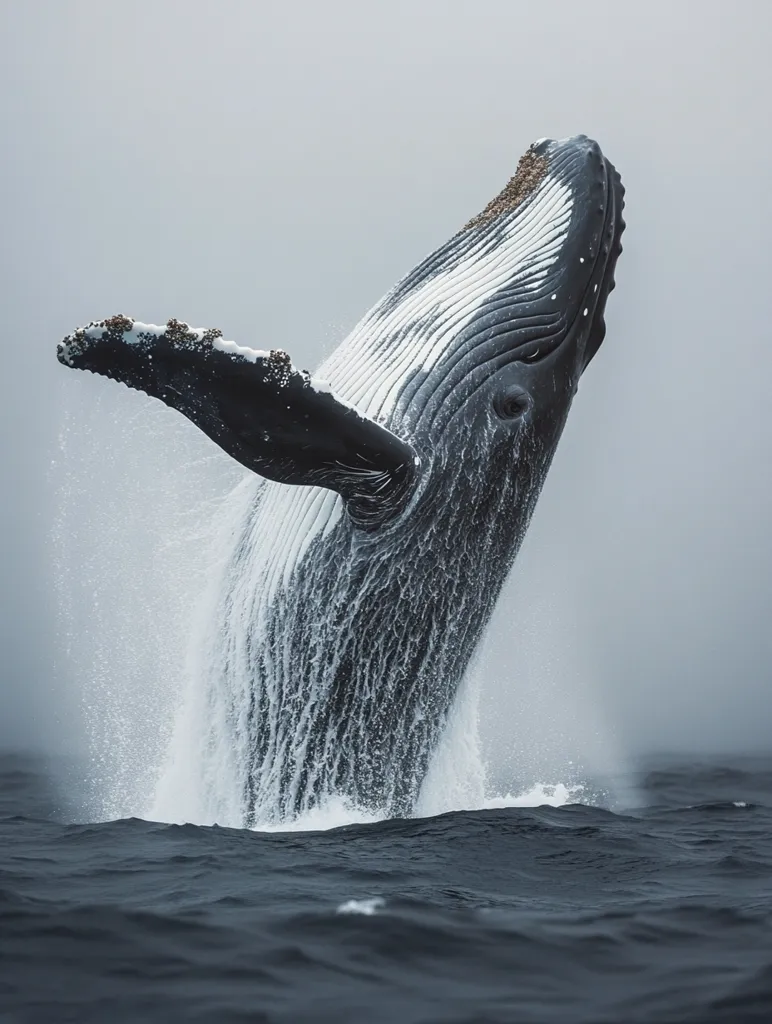A humpback whale breaches the surface of the water, its massive body arcing through the air with its mouth open. The whale's skin is a patchwork of dark gray and white, and its tail is just visible in the water below. The background is a misty gray, and the surface of the water is choppy. The whale seems to be leaping with joy, its powerful muscles propelling it through the water.