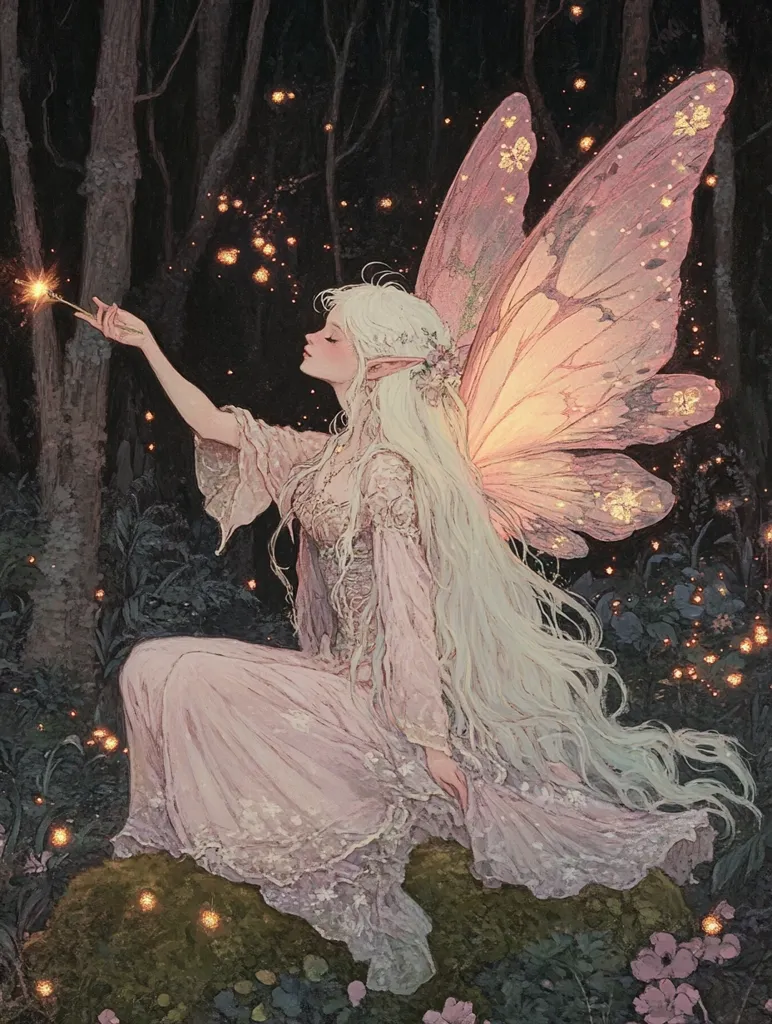 A delicate fairy with long, flowing white hair and iridescent wings sits on a moss-covered rock in a dark, enchanted forest.  She holds a glowing sparkler in her hand, surrounded by shimmering fireflies.  The fairy wears a soft, pink gown with intricate lace details, and her wings are translucent, resembling the delicate wings of a moth.  The magical atmosphere is enhanced by the soft, ethereal glow of the fireflies and the sparkler.