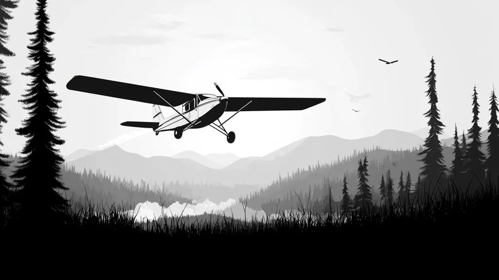 A small plane flies over a misty mountain range. The plane is silhouetted against the cloudy sky, and the mountains are depicted in shades of gray. The scene is captured in black and white, creating a sense of serenity and solitude. The silhouette of a few trees in the foreground adds depth and perspective to the image.  There are also a couple of birds in flight in the sky.  The image evokes a feeling of peace and tranquility.