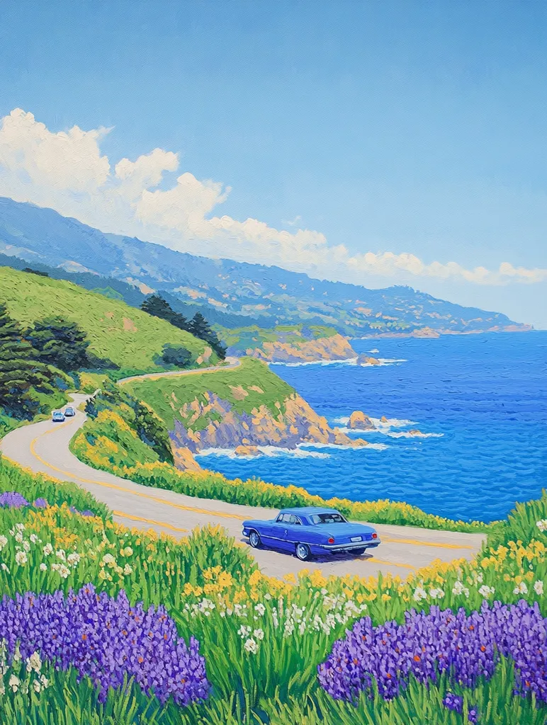 A winding coastal road hugs the cliffs, with a blue car driving along. The ocean stretches out in the distance, a vibrant blue under a clear sky with fluffy clouds. Wildflowers, including purple and yellow blooms, line the roadside, creating a stunning vista.  The scene evokes a sense of tranquility and adventure.