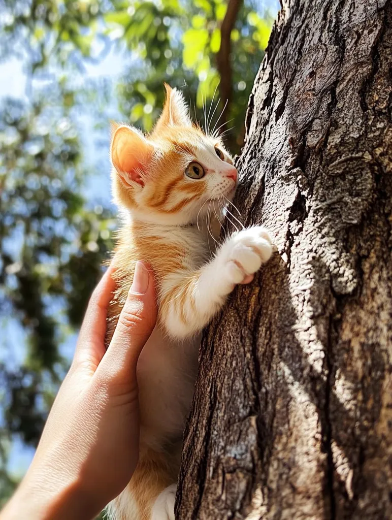 A small, orange and white kitten climbs a tree trunk with a human hand gently resting on its back. The kitten's head is turned towards the viewer, its eyes bright and alert. The background is a blurry green, suggesting foliage and sunlight.  The scene captures the playful curiosity of a young feline.