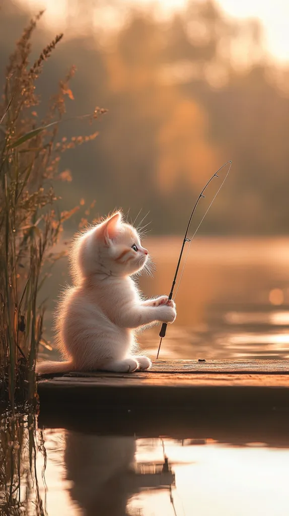 A small white kitten sits on a wooden dock, holding a fishing rod. The kitten's eyes are focused on the water, and the sun casts a warm glow on the scene. Tall grass stands in the background, adding to the peaceful and picturesque atmosphere. The kitten's determination and the serene setting create a charming and humorous image.