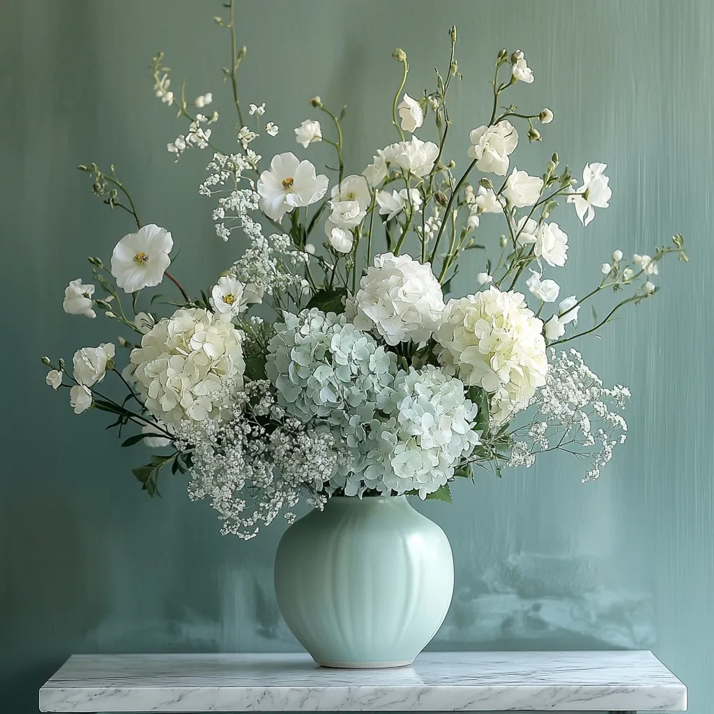 A large bouquet of white and light blue flowers sits in a pale blue ceramic vase. The vase is on a white marble table. The flowers include hydrangeas and baby's breath. The background is a soft teal color. The composition creates a sense of elegance and tranquility.  The flowers are arranged in a beautiful and natural way. The light blue vase complements the flowers perfectly.  The overall effect is calming and inviting.