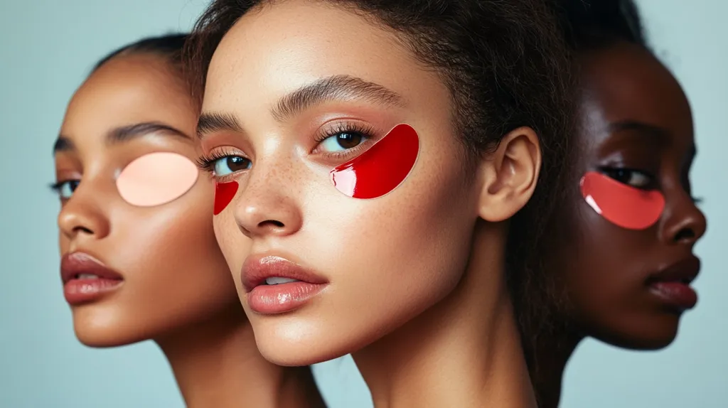 Three women with different skin tones are pictured, their faces close-up. The woman in the middle is the focus, with red under-eye patches. The woman on the left has peach-colored under-eye patches and the woman on the right has pink patches.  All three women are looking at the camera, their expressions serious. The background is a light blue.