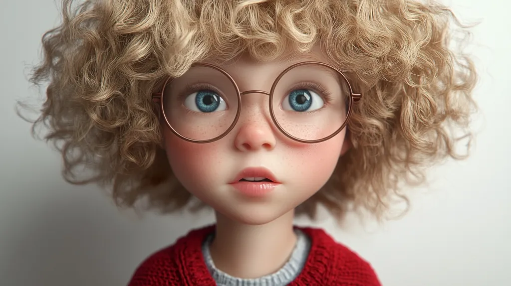 A young girl with curly blonde hair and bright blue eyes stares directly at the camera. She is wearing round glasses with a brown frame and a red sweater. Her facial expression is curious and inquisitive. The image is likely a portrait taken in a studio.  The lighting is soft and even, emphasizing the subject's features.