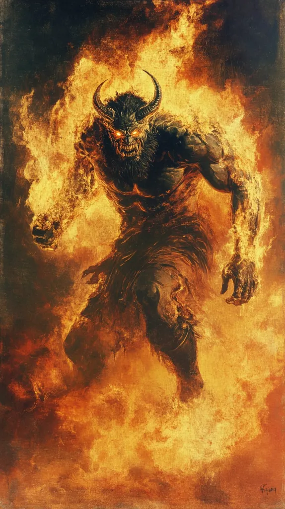 A demonic figure with horns and glowing eyes emerges from a fiery inferno. The creature is shrouded in flames, with its muscular body and sharp claws visible through the smoke and heat. The image suggests a scene of intense power and chaos. The background is painted in shades of orange and red, creating a sense of heat and danger.