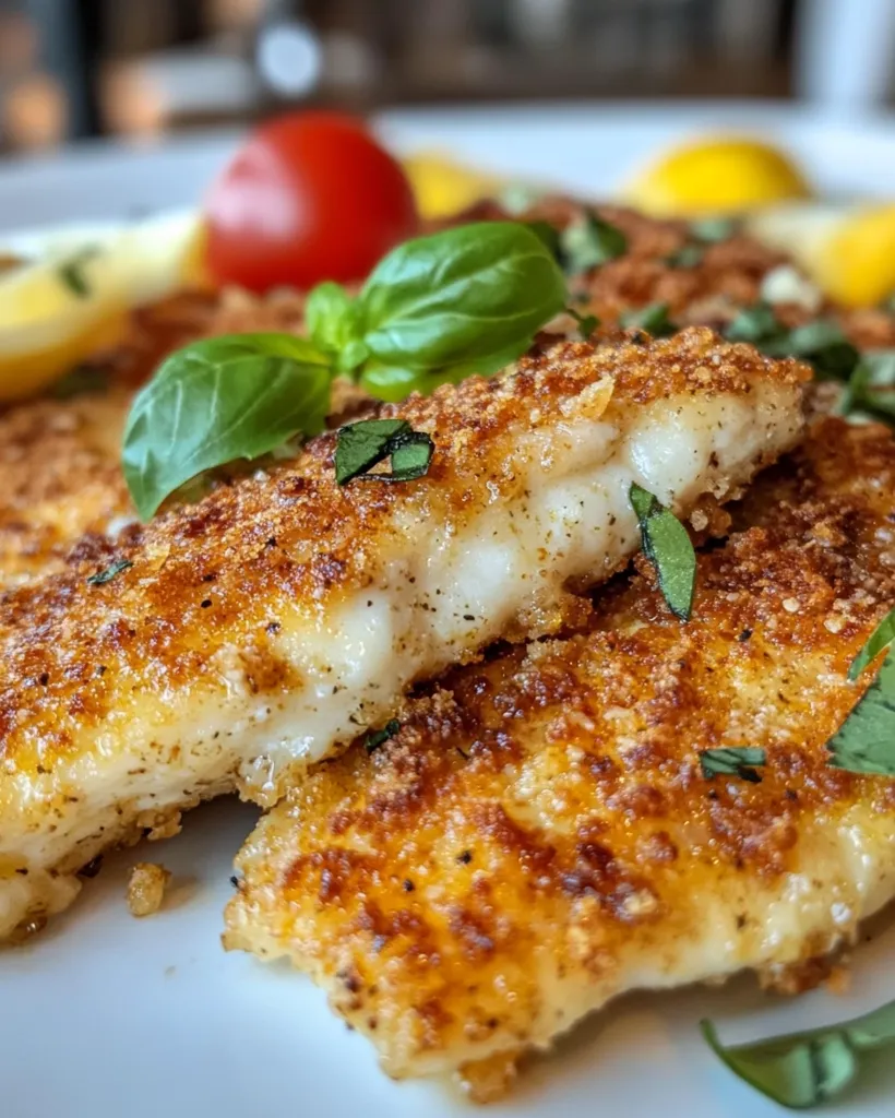 The image shows a close-up of two breaded and fried fish fillets, one broken in half, revealing a creamy white interior. The fillets are arranged on a white plate with a garnish of fresh basil and lemon wedges. The dish is golden brown and crispy, with a satisfyingly crunchy texture.  The image captures the essence of a simple yet delicious meal.