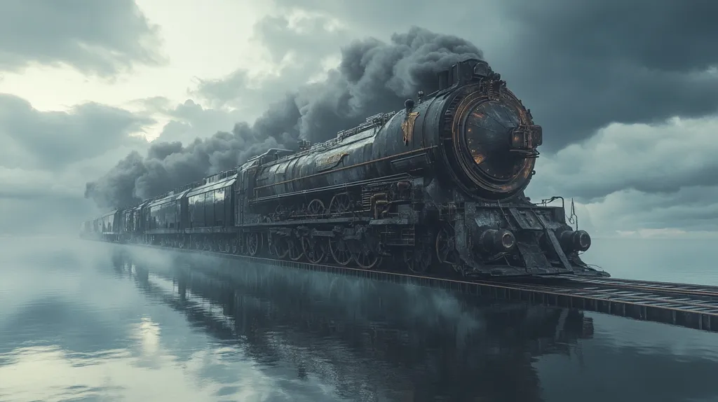 A long, dark steam train chugs through a misty landscape. The train, with its large wheels and intricate details, dominates the image, creating a sense of grandeur and power. The steam billows from the engine, obscuring the horizon and adding to the mysterious and atmospheric quality of the scene. The train appears to be traveling over a body of water, creating an illusion of the train floating above the surface. The muted tones of the image reinforce the sense of mystery and intrigue.