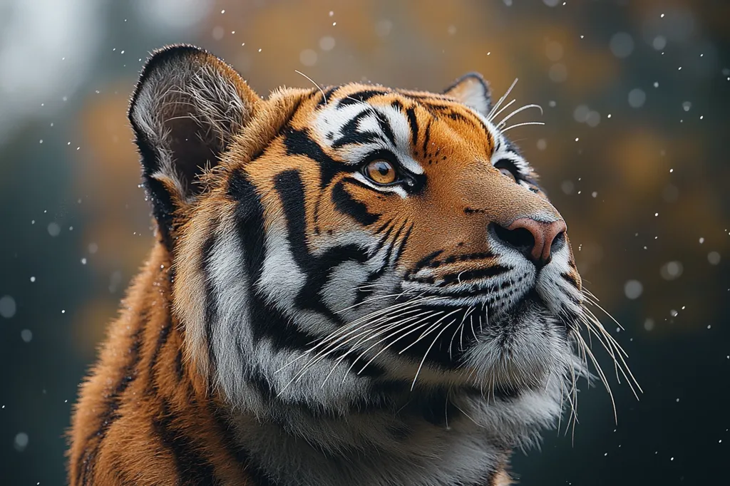 The image shows a close-up of a tiger's face, its orange and black stripes clearly visible. The tiger is looking upwards, with a focused expression. The background is blurred, suggesting a natural environment.  The tiger's whiskers are prominent, and its sharp teeth are visible, emphasizing its wild nature.