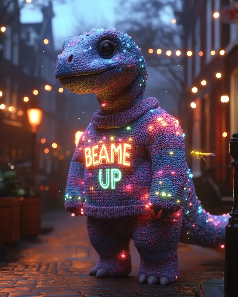 A cartoon lizard creature, wearing a colorful sweater with "Beame Up" written on it, stands on a cobblestone street. The creature's sweater is adorned with colorful lights, and a small insect flies by. The scene is bathed in a warm, soft light.