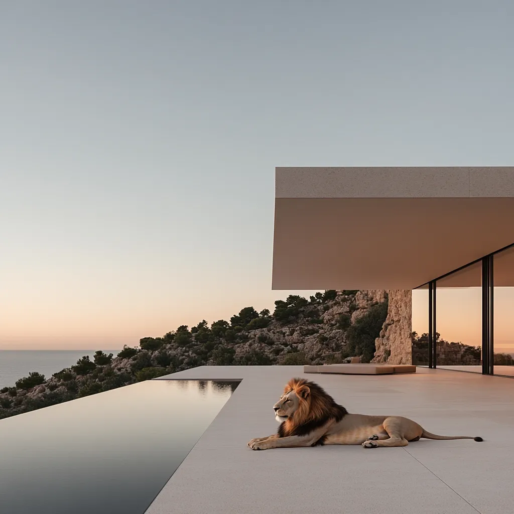 A majestic lion lays on the edge of a pristine infinity pool, overlooking a breathtaking ocean sunset. The modern, minimalist architecture of the home provides a stark contrast to the natural beauty of the surrounding landscape. The lion's presence adds a sense of power and wildness to the serene scene.  The light, airy colors of the sky and building create a sense of tranquility.