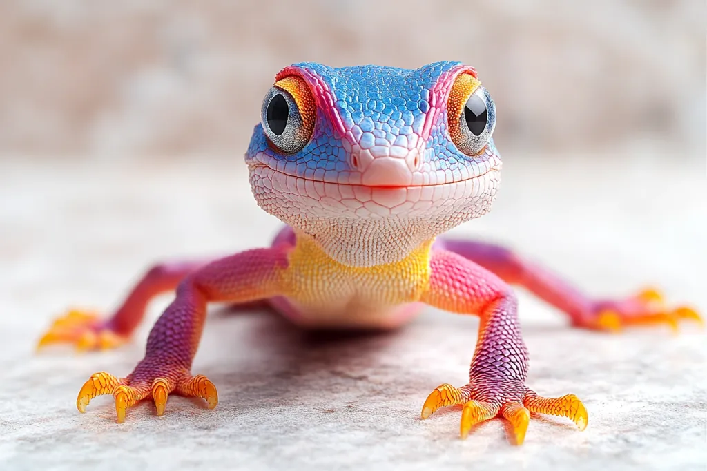 A small, brightly colored lizard with large, black eyes and a bright blue, pink, and yellow body is perched on a light gray surface. The lizard has a wide, open mouth, showing its pink tongue. Its claws are long and sharp, with a bright orange tip. The lizard's eyes are wide and alert.  It is looking directly at the camera, appearing curious.