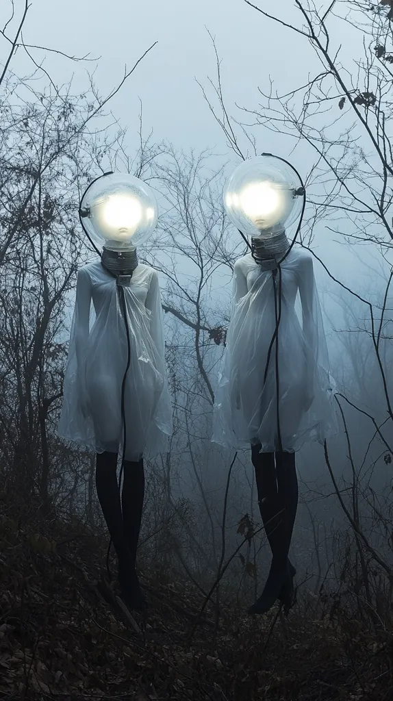 Two figures stand in a misty forest, their faces obscured by large, glowing lightbulbs. They are dressed in long, white, flowing garments, and their legs are slender and dark. The atmosphere is eerie and mysterious, creating a sense of unease and wonder. The bare branches of the trees reach out like skeletal fingers, adding to the haunting mood.
