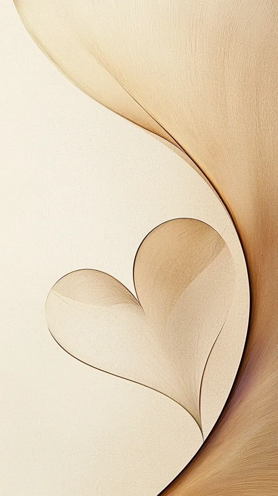 The image features an abstract heart shape created by the overlapping and intertwining of delicate, flowing lines. The lines are rendered in warm, pale shades of brown and beige, creating a sense of softness and warmth. The overall effect is reminiscent of a gentle breeze or a soft whisper, adding a touch of ethereal beauty to the composition.