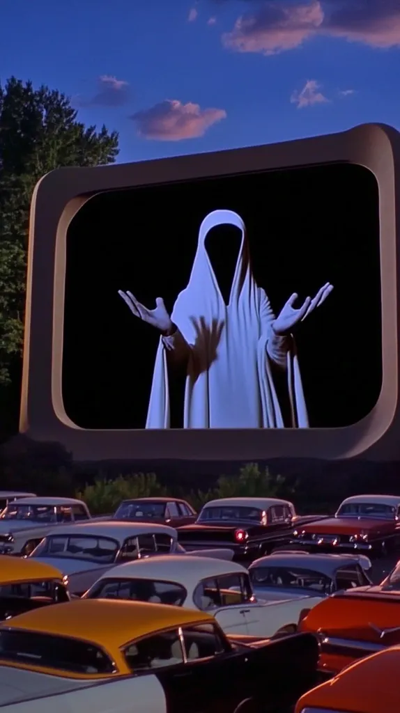 A large, retro drive-in movie screen with a ghostly figure in a white robe standing in the center. The screen is surrounded by rows of classic cars parked in front of it, suggesting a nighttime setting. The sky is a soft purple, and the clouds are a light pink, adding to the dreamlike atmosphere.