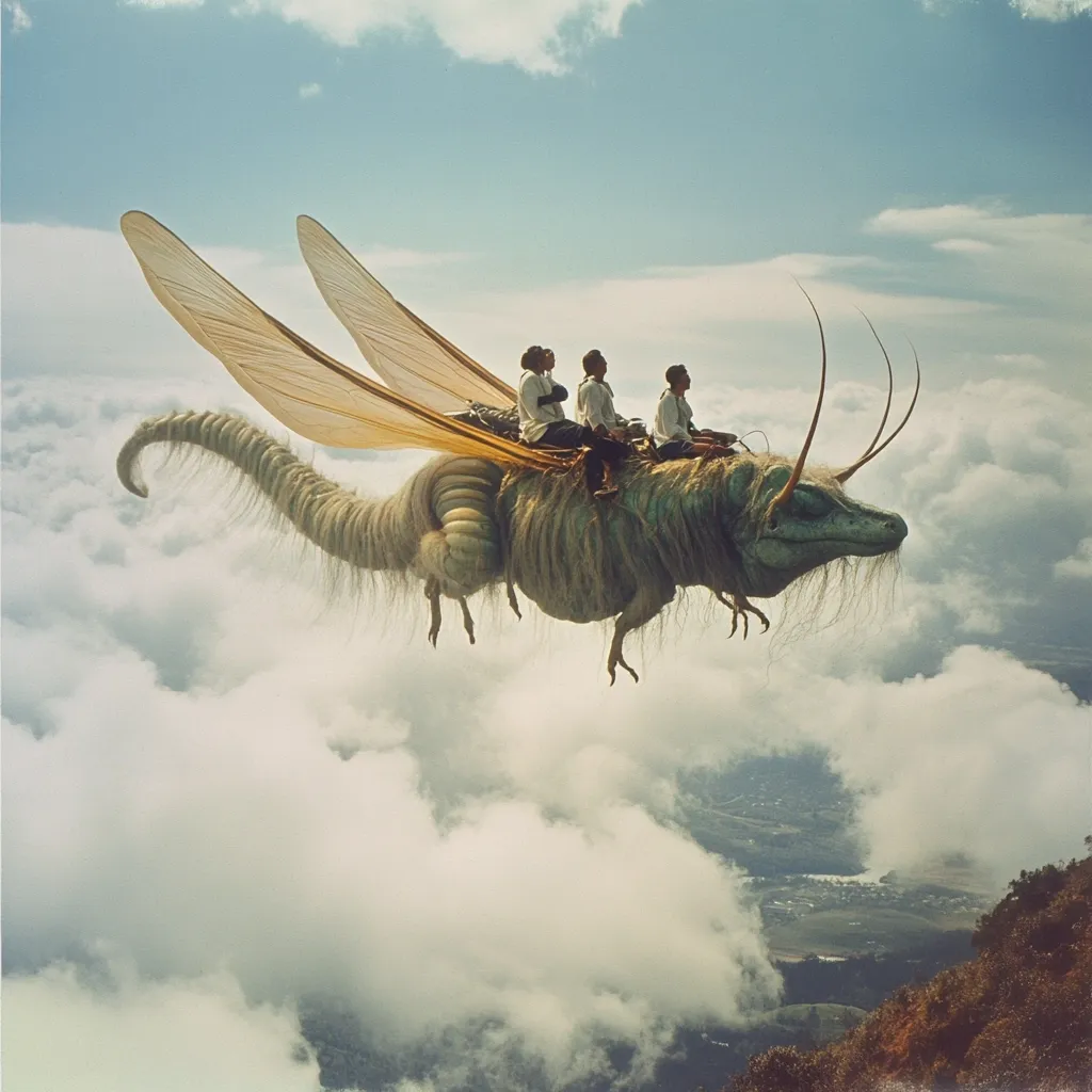 A fantastical creature resembling a dragonfly with a serpentine tail soars through the clouds. It is carrying three passengers, two men and a woman, who are seated on its back. The creature's wings are large and translucent, and its body is a pale green color. The scene is set against a backdrop of fluffy white clouds and a distant mountain range.  The image evokes a sense of wonder and the possibility of magical flight.