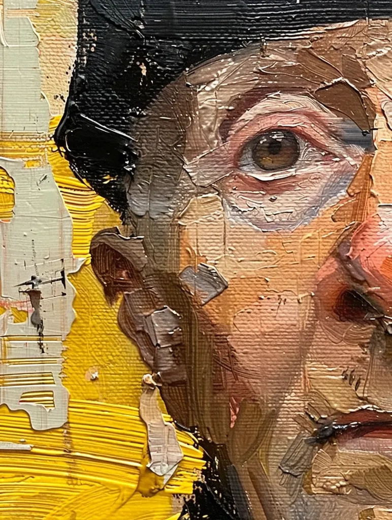 The image shows a close-up of a person's face.  The subject is wearing a black hat, and their right eye is visible. The painting style is bold and abstract, with thick brushstrokes of yellow, brown, and gray paint. The overall effect is one of expression and emotion.