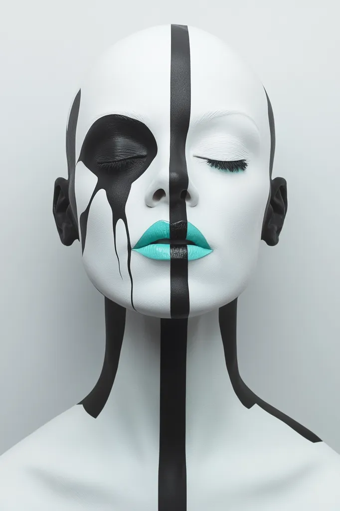 The image shows a person with a black and white striped face and neck. Their eyes are closed, and they have a turquoise painted on their lips. The person's face is split in half, one side with black dripping paint, the other side with a clean, white face.