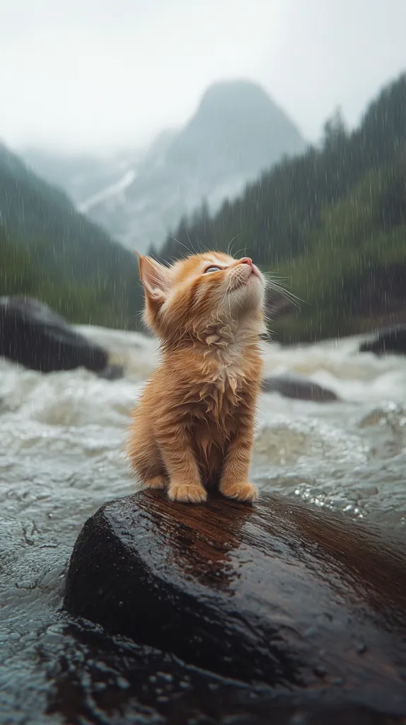 A ginger kitten sits on a wet rock in the middle of a rushing river. Rain falls from the sky, creating a misty atmosphere. The kitten looks up, its fur wet and glistening, as if enjoying the refreshing shower.  Behind the kitten, a mountain range looms in the distance, covered in a forest of evergreen trees. The image captures a moment of serene beauty and the kitten's innocent joy in the midst of a wild and natural setting.
