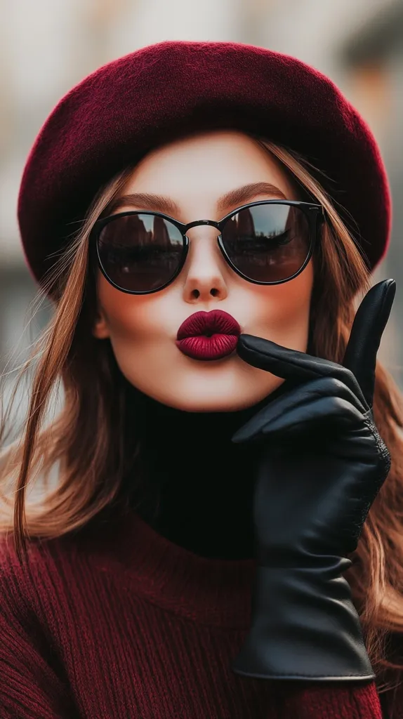 A woman with long brown hair is wearing a red beret, sunglasses, a red sweater, and a black leather glove. She has red lipstick and is looking at the camera with a coy expression. The photo is taken from the chest up.  The blurred background suggests an urban setting.
