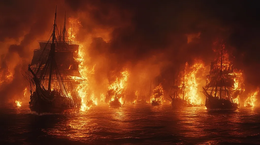 A large, imposing wooden sailing ship, engulfed in flames, dominates the foreground.  The ship is part of a fleet, all of which are burning fiercely.  The orange and yellow flames engulf the vessels, casting an eerie glow on the dark, choppy waters. The sky is filled with smoke and fire, creating a scene of utter devastation.  The image evokes a sense of chaos, destruction, and the fragility of human structures.
