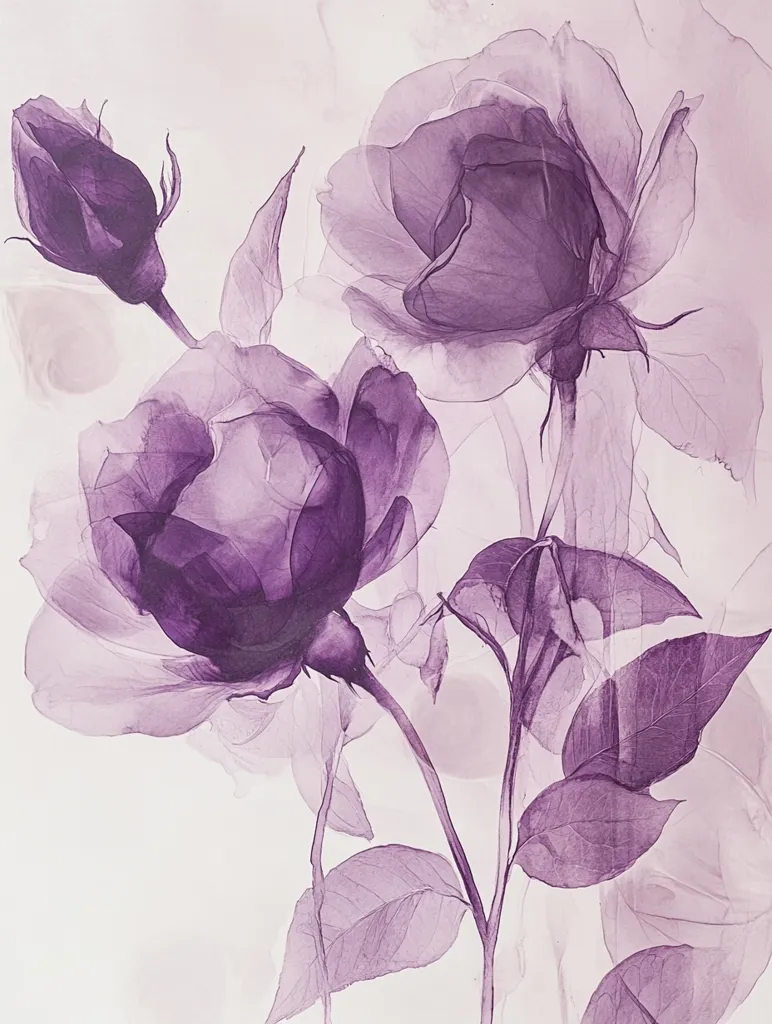The image is an abstract watercolour painting of purple roses.  The roses are rendered in a translucent, almost ghostly way, with their petals overlapping and blending together. The leaves are also rendered in the same way, creating a sense of depth and movement. The background is a soft, pale pink. The painting evokes a sense of delicate beauty and ethereal grace.