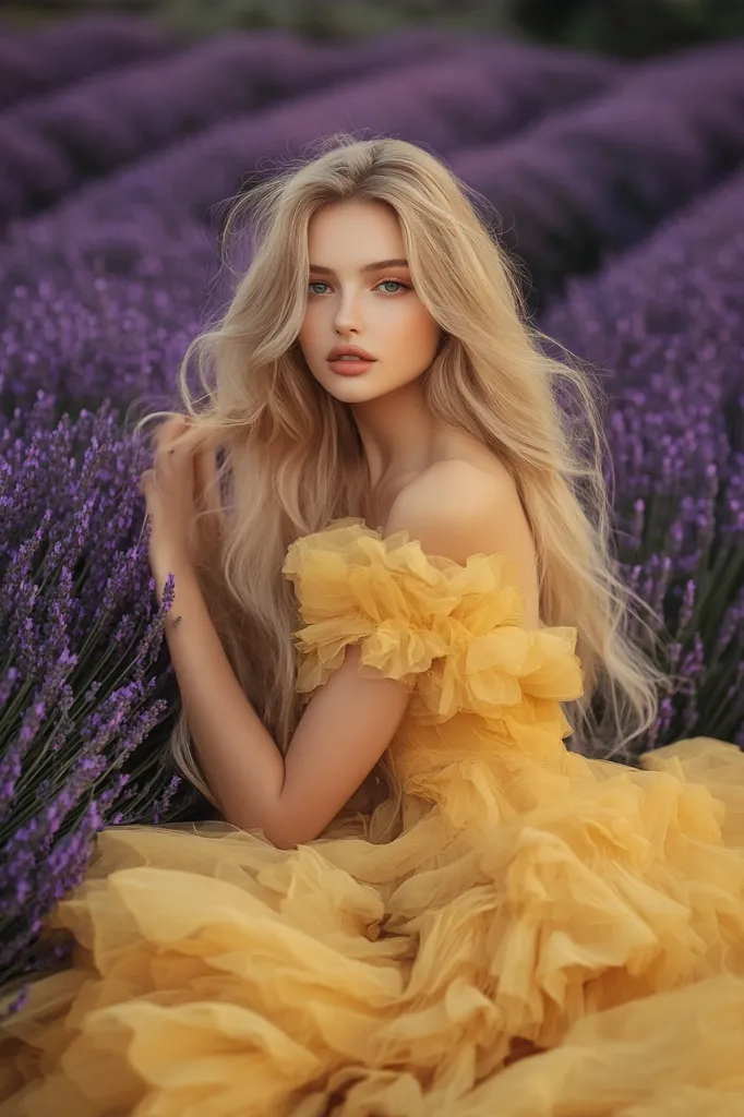 A young woman with long blonde hair sits amidst a field of purple lavender. She wears a flowing yellow dress with a ruffled bodice. Her face is turned slightly towards the camera, and she looks wistful. The soft light creates a dreamy atmosphere.  The colors of the lavender and the dress complement each other beautifully.