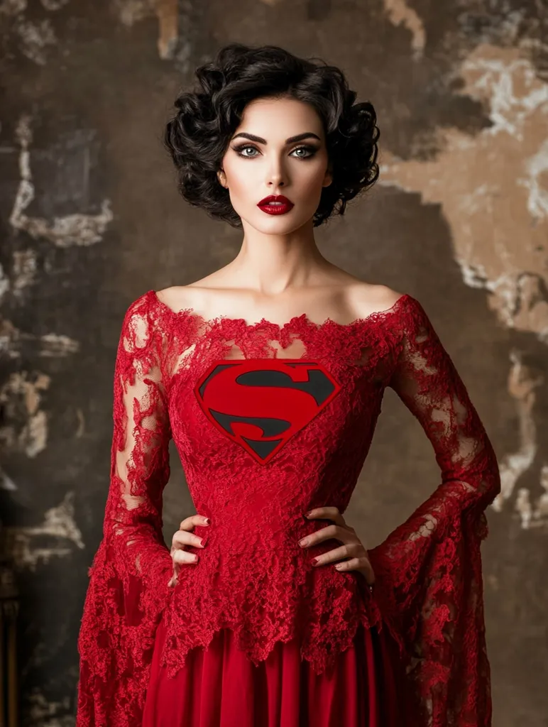 A woman with dark, curly hair wears a red, lace dress with a Superman emblem on the chest. Her makeup is dramatic with dark eyes and red lips. She stands against a brown, textured backdrop, her hands on her hips, and she looks directly at the camera with a fierce expression. The overall image is bold and striking.