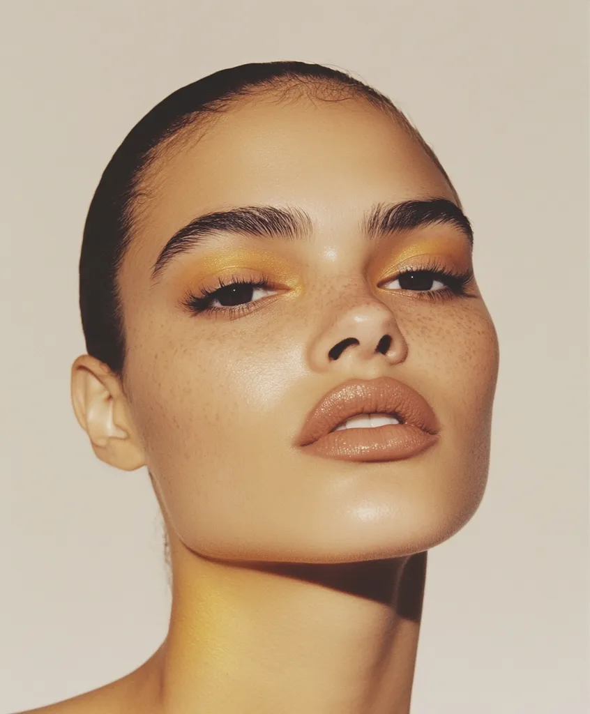 A woman with dark hair and freckled skin looks directly at the camera. Her eyes are highlighted with yellow eyeshadow and she has a nude lip. She is lit from the front, causing her face to be well-defined. The background is a soft, warm beige.  The image is a close-up, showing the beauty of her face.