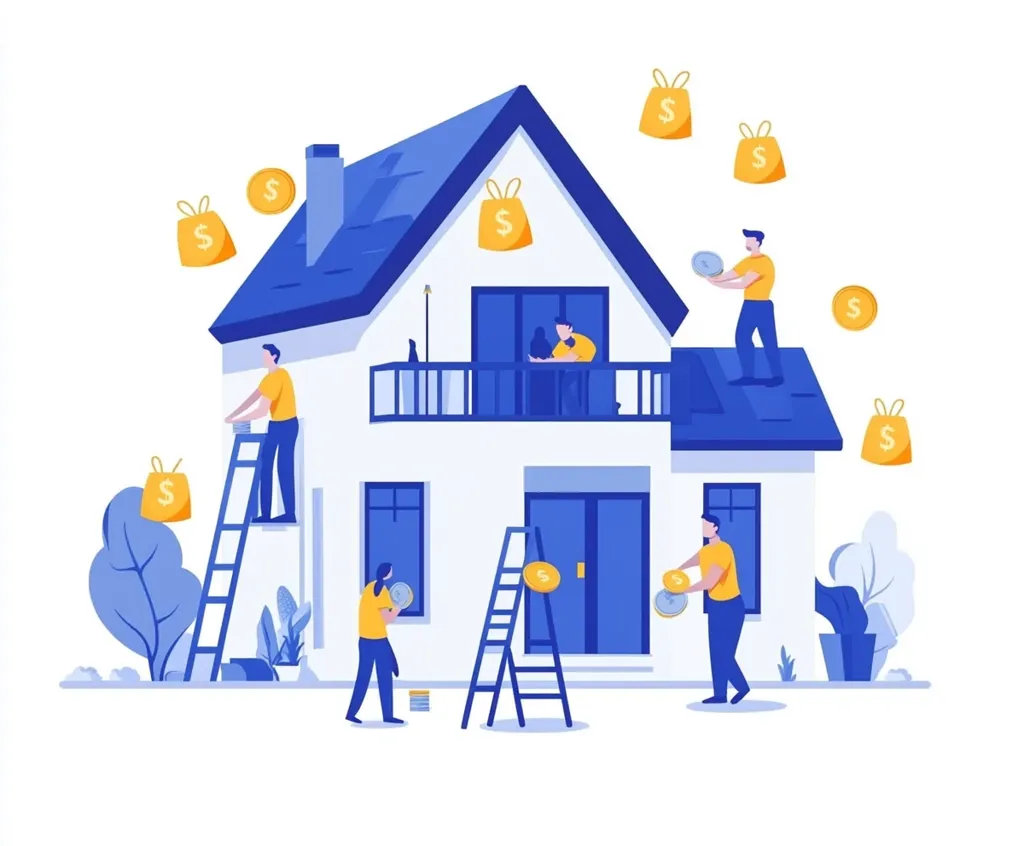 The image depicts a two-story house with people working on it. There are ladders, paint cans, and money bags surrounding the house. It illustrates the concept of home improvement, renovation, and investment. The people are engaged in various activities, such as painting, climbing ladders, and holding money bags. The image suggests a process of enhancing the value and beauty of the house.