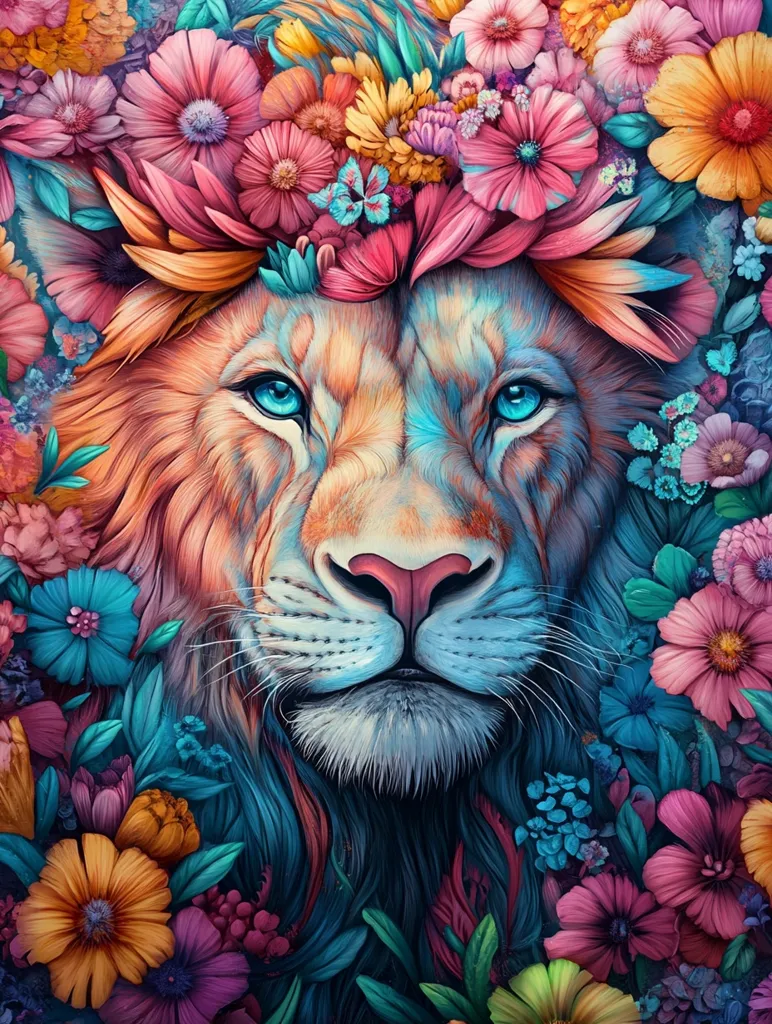 A majestic lion's face is framed by a vibrant crown of colorful flowers. The lion's fur is a blend of orange and blue hues, reflecting the beauty of the surrounding blooms. Its piercing blue eyes and soft expression create a striking contrast against the vibrant floral backdrop. The image captures a sense of power, tranquility, and the interconnectedness of nature.