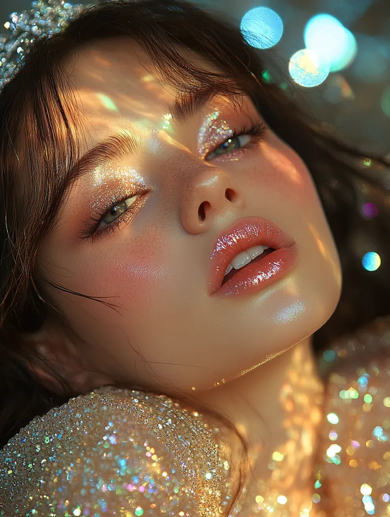 shimmering, in the throes, princess on a carpet, diamond tiara, psychedelic light, high angle, high quality photo, 8K, cinematic, photo taken in the style of Canon EOS R5 F2 ISO30 89mm --v 6.1 --s 750 --style raw --ar 3:4