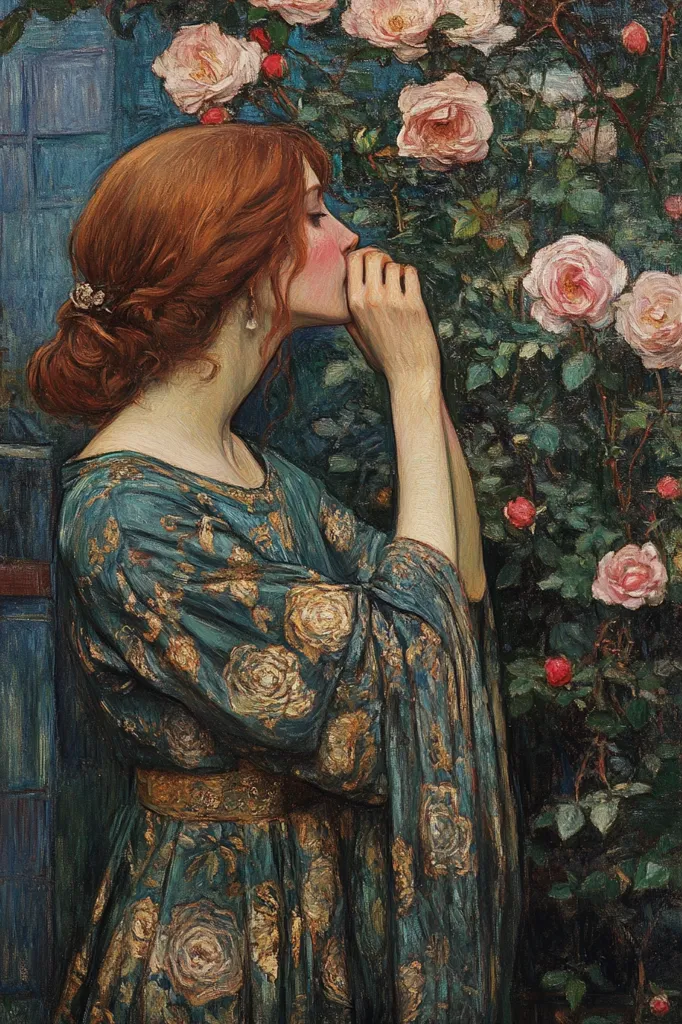 A woman with long red hair stands in a lush garden, her face turned towards a cluster of roses. She is dressed in a long, teal gown with gold embroidery. She has her hand to her cheek, looking lost in thought, possibly admiring the beauty of the blooms. The background is a blur of green leaves and pink roses, creating a romantic and dreamy atmosphere. The painting evokes a sense of peace and tranquility.