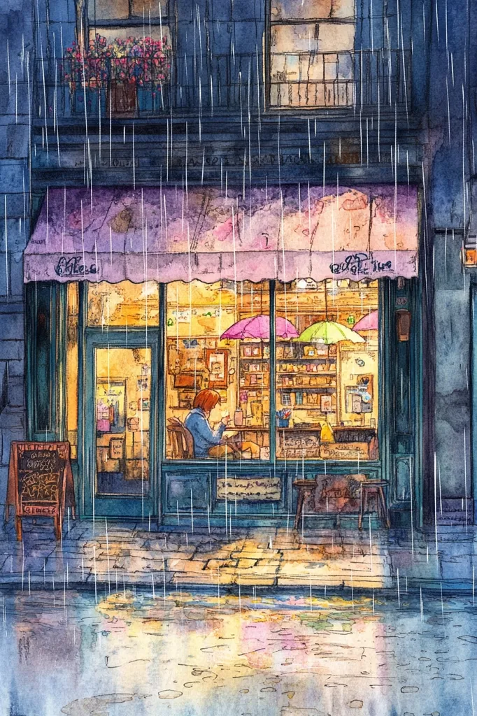 The image depicts a cozy cafe, with a purple awning and large windows, nestled on a street corner. The cafe is brightly lit, offering a glimpse into the warm interior where a lone customer sits reading a book.  Rain falls heavily outside, creating a sense of solitude and introspection. The scene is painted in watercolors, emphasizing the softness of the light and the gentle nature of the downpour.