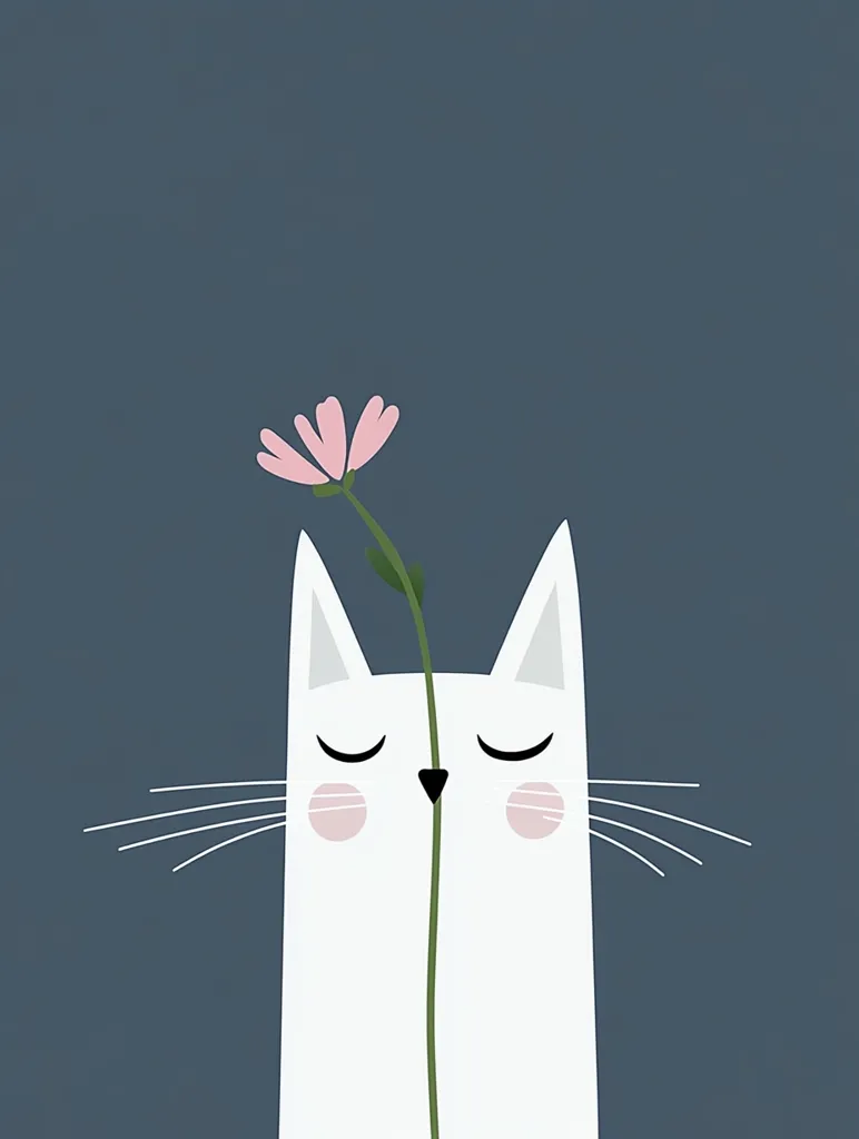 A white cat with closed eyes is holding a pink flower with a green stem in front of its face. The cat is standing against a solid blue background. The image is simple and charming, depicting a serene and peaceful scene. The cat's closed eyes suggest a sense of calm and contentment. The flower adds a touch of color and vibrancy to the image. The overall impression is one of tranquility and simple beauty.