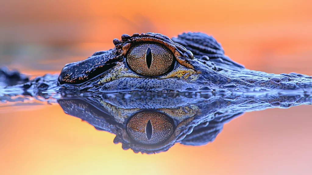 A close-up shot of an alligator's eye as it surfaces from the water, with the reflection of the eye on the water. The alligator's skin is textured and the background is a soft orange. The image is a compelling study in wildlife photography.
