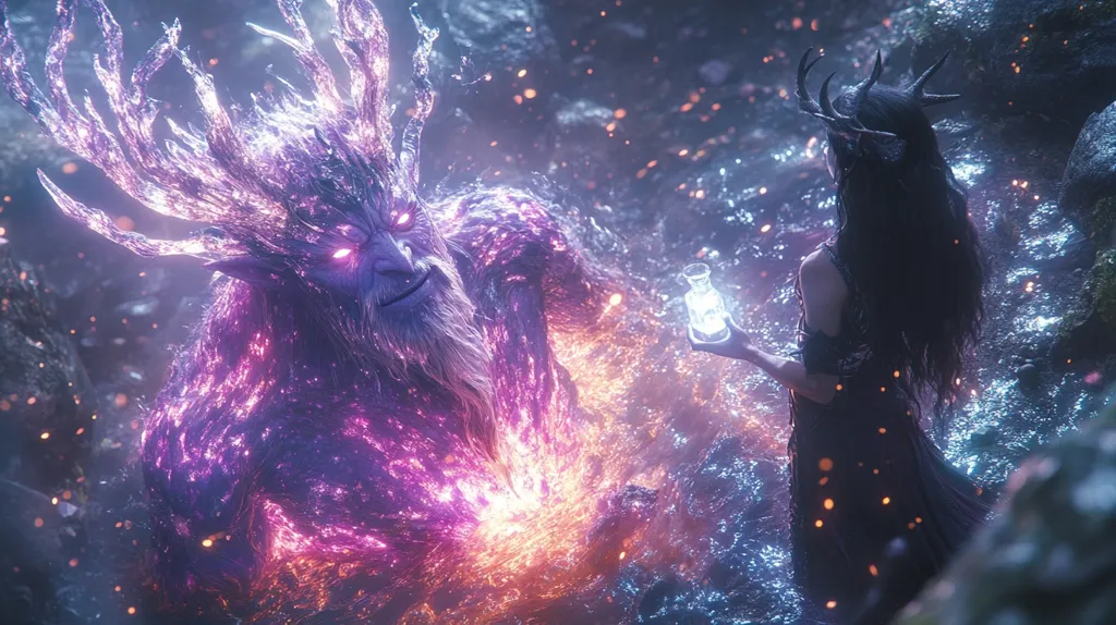 A large, glowing creature with antlers and a beard made of light stands in a misty, otherworldly landscape. It is facing a woman with long black hair and antlers, who is holding a bottle of glowing liquid. The creature has pink and orange light emitting from its body, while the woman is surrounded by a blue glow.  The scene is ethereal and suggestive of magic or mythical beings.