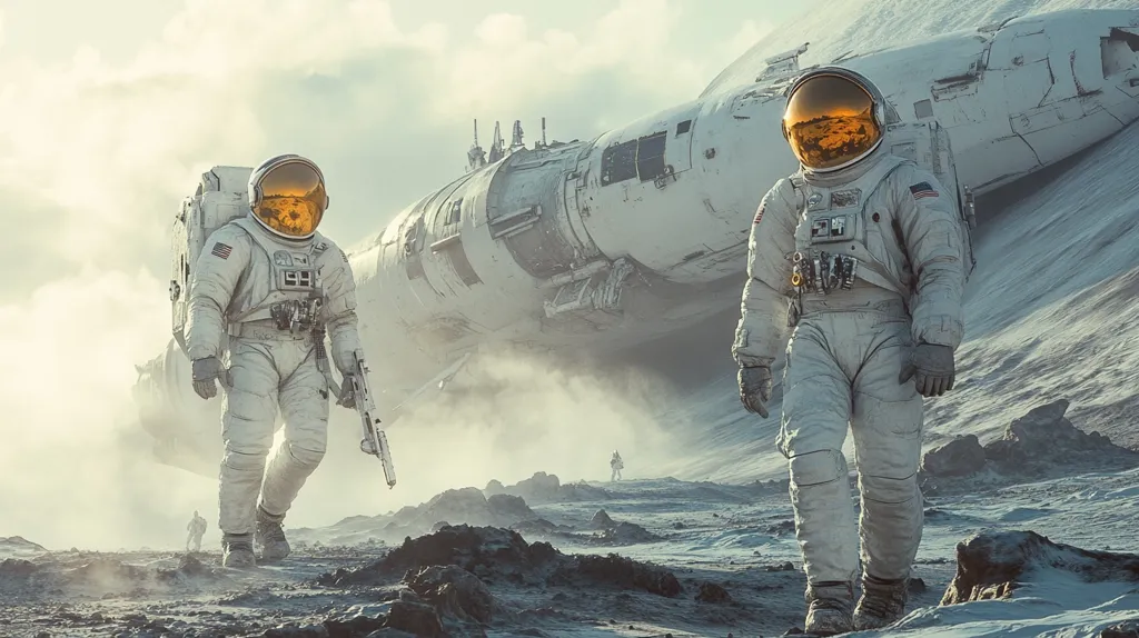 Two astronauts in white space suits walk across a desolate, icy landscape. A large, damaged spacecraft lies partially buried in the ground behind them. The astronauts' helmets have gold visors, reflecting the sun's rays. The scene suggests a mission gone wrong or a lost civilization. The vast, white landscape adds to the feeling of isolation and despair.